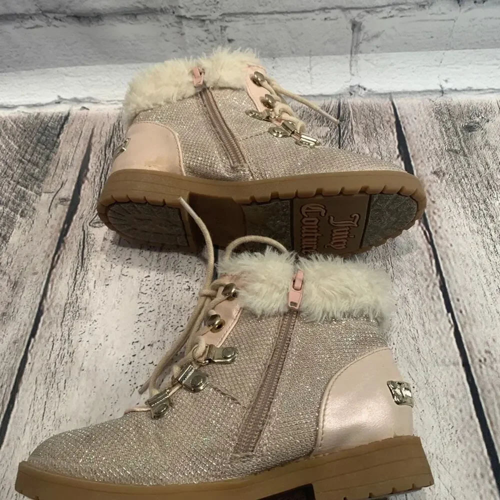 JUICY COUTURE Girl’s Lil Huntington Pink Glitter Boots with Fur Trim / Size: 10M